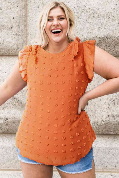 Plus+ Swiss Dot Ruffled Round Neck Blouse