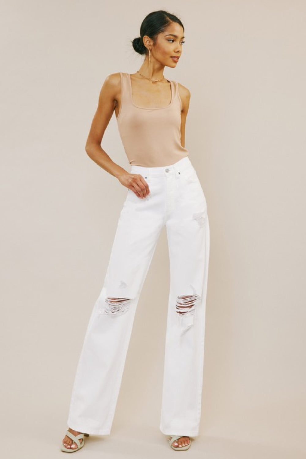 High Rise Distressed Flare Jeans - White Trendsi