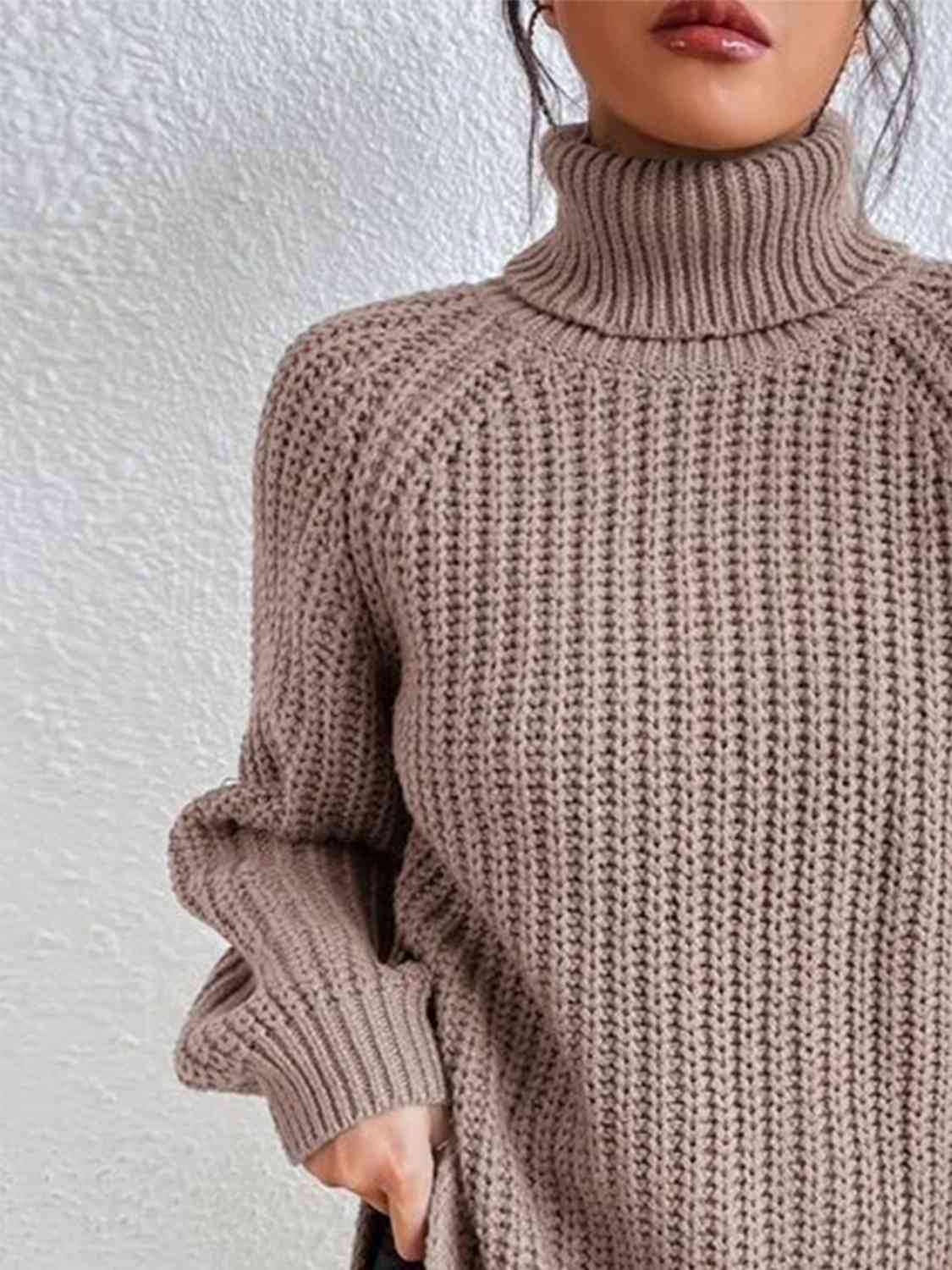 Turtleneck Rib-Knit Slit Sweater