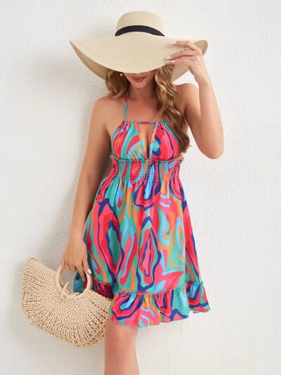 Smocked Printed Halter Neck Mini Dress