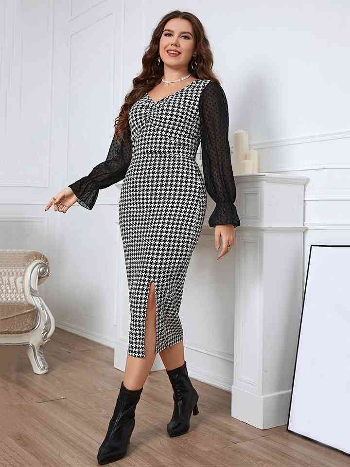 Plus+ Houndstooth Flounce Sleeve Slit Dress