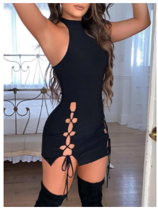 Trendy Solid Black Lace-Up Mini Club Dress Lola’s Hidden Gem