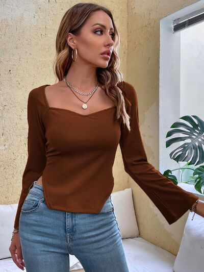 Slit Sweetheart Neck Flare Sleeve Shirt