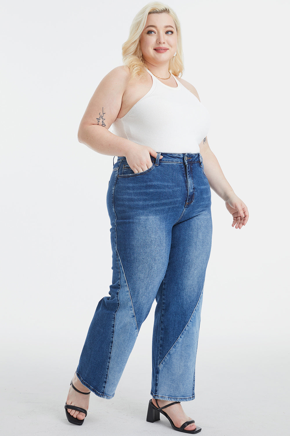 BAYEAS High Waist Two-Tones Patched Wide Leg Jeans