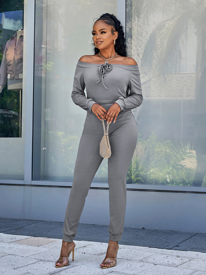 Lace-Up Off-Shoulder Long Sleeve Jumpsuit Trendsi