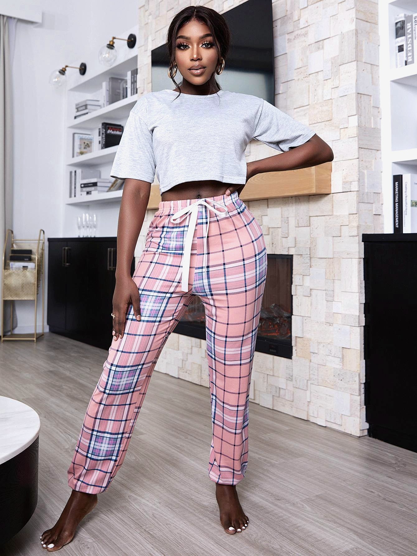 Cropped Tee and Plaid Joggers Lounge Set Trendsi