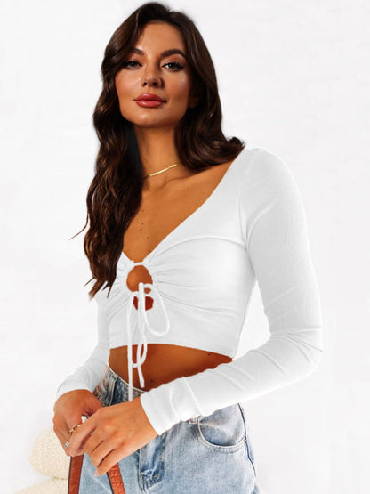 Gathered Detail Cutout Long Sleeve Crop Top Trendsi