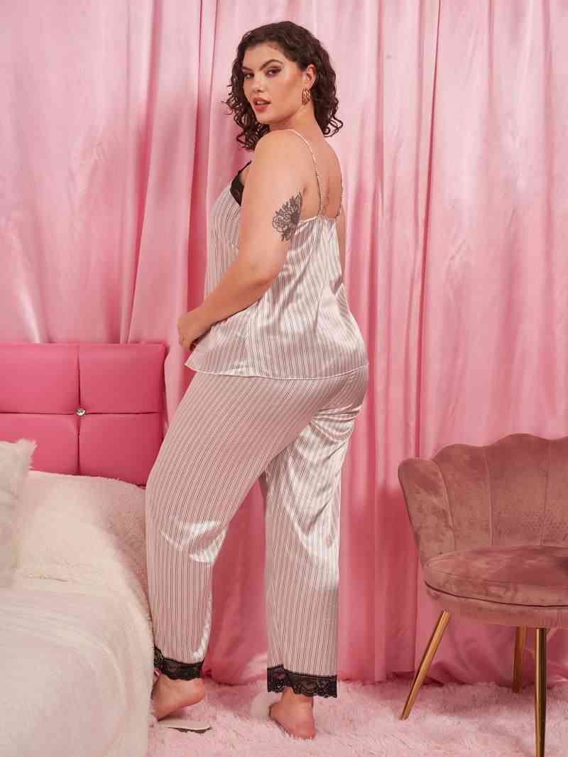 Plus+ Vertical Stripe Lace Trim Cami and Pants Pajama Set