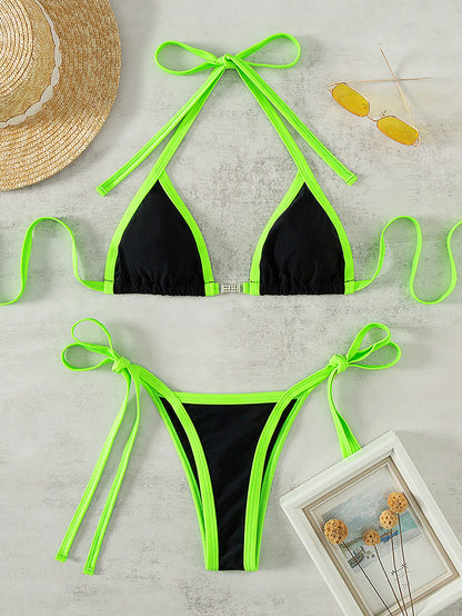 Contrast Trim Tied Halter Neck Bikini Set Trendsi