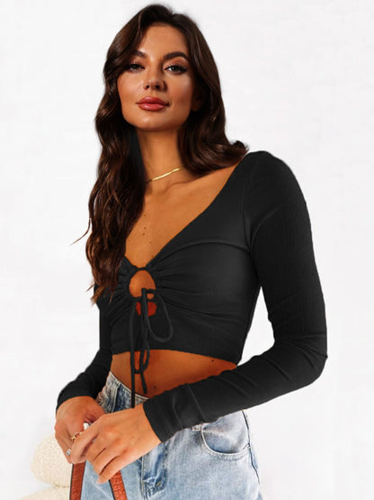 Gathered Detail Cutout Long Sleeve Crop Top Trendsi