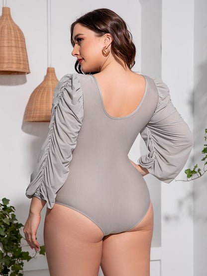 Gem Pus+ Tied Deep V Balloon Sleeve One-Piece Swimsuit Trendsi