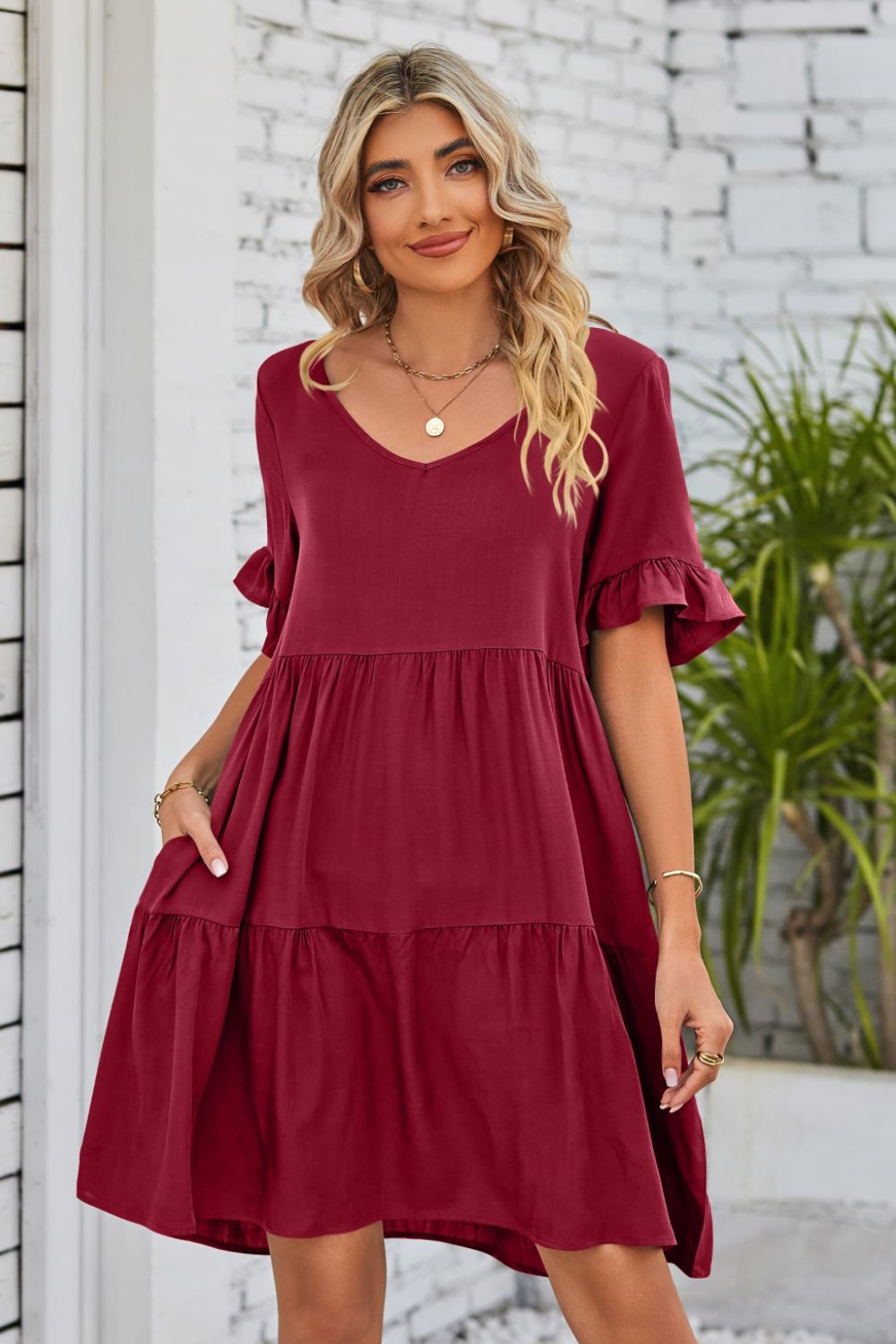 V-Neck Flounce Sleeve Tiered Dress