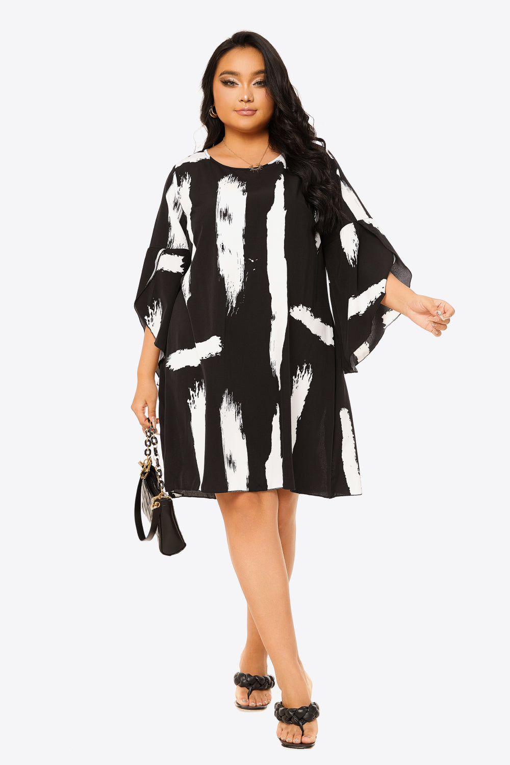 Gem Size Brush Stroke Flare Sleeve Shift Dress Trendsi