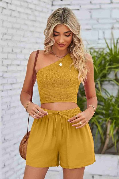 Smocked One-Shoulder Sleeveless Top and Shorts Set Trendsi