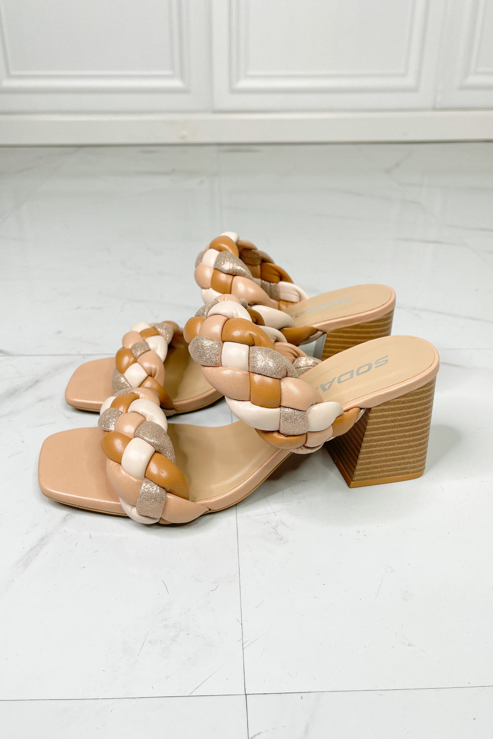 Interwoven Ideas Braided Strap Block Heel Slide Sandal in Nude Trendsi