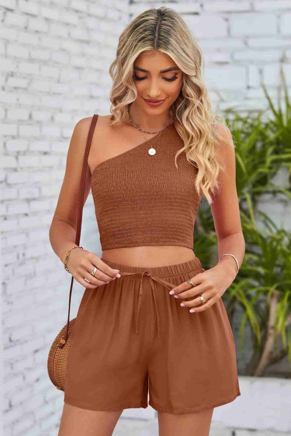 Smocked One-Shoulder Sleeveless Top and Shorts Set Trendsi