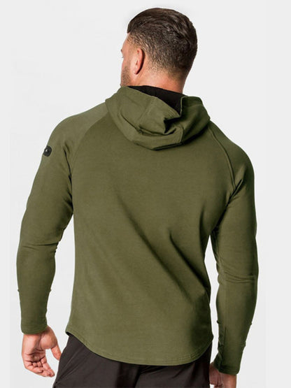 Men's Neck Shoulder Zippered Large Pocket Long Sleeve Hooded Sweatshirt kakaclo