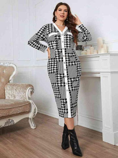 Plus+ Houndstooth Button-Down Long Sleeve Dress