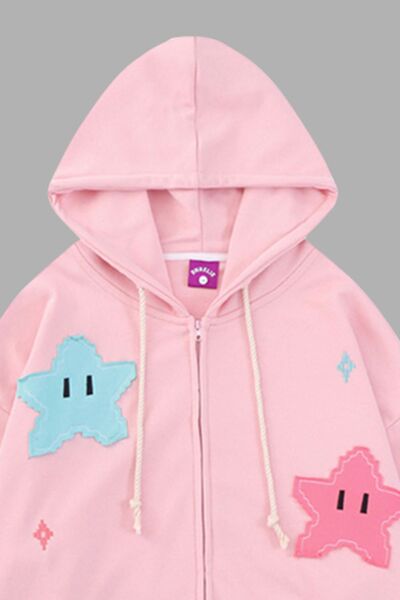 Star Drawstring Zip Up Dropped Shoulder Hoodie