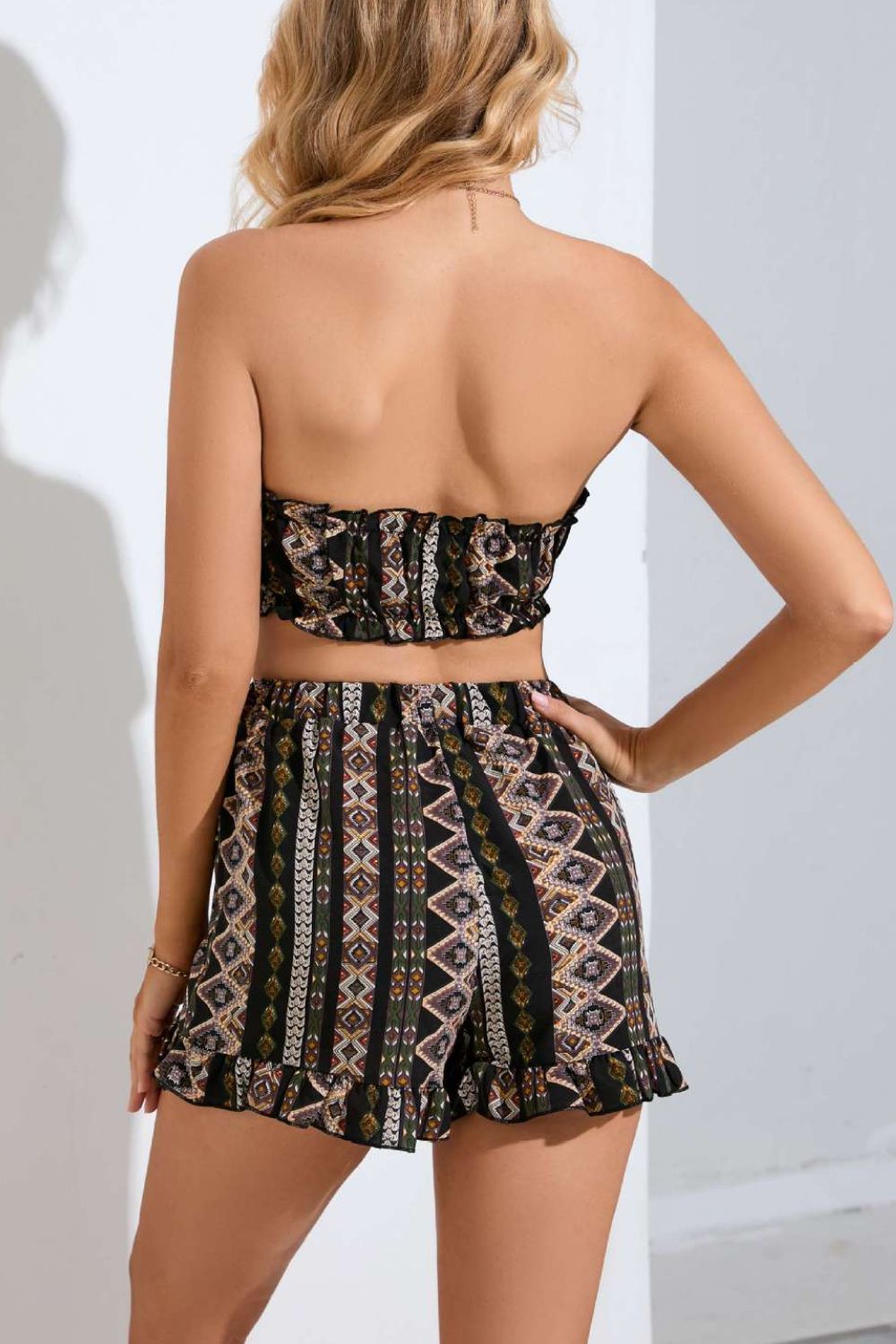 Printed Frill Trim Tube Top and Shorts Set Trendsi