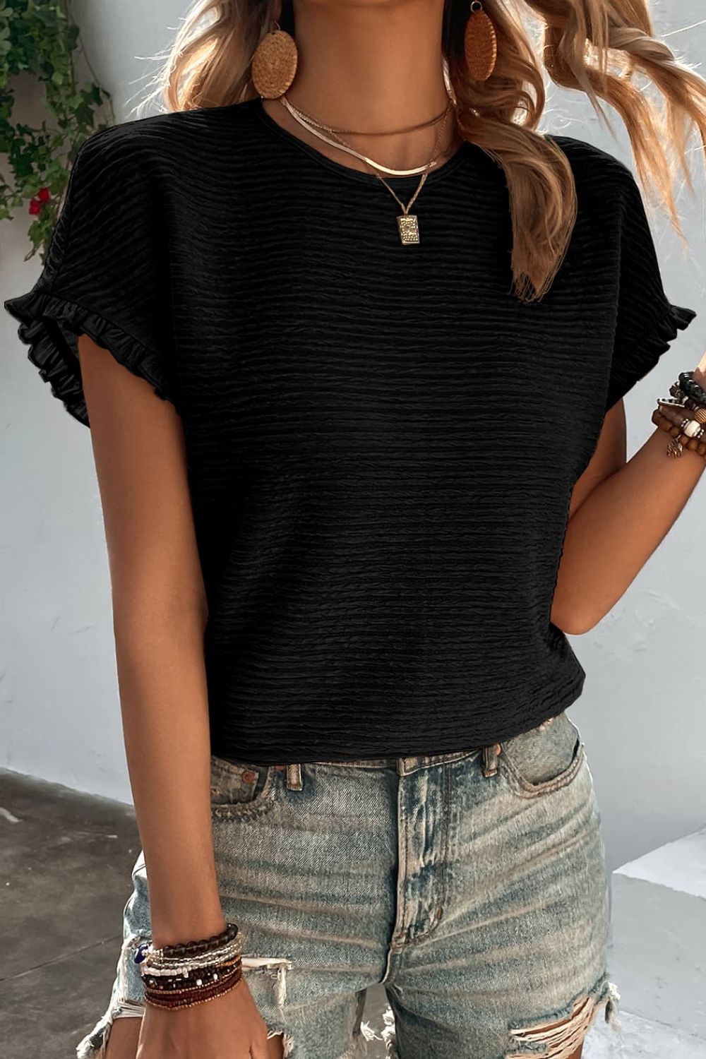 Textured Round Neck Short Sleeve Top Trendsi