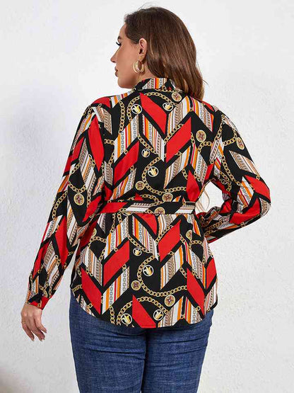 Plus+ Printed Collared Neck Tie Waist Long Sleeve Shirt