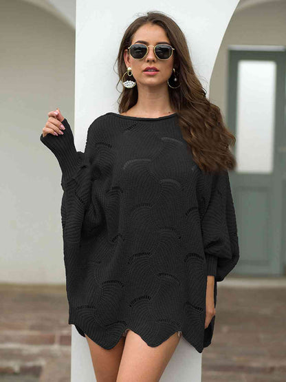 Boat Neck Lantern Sleeve Openwork Knit Top