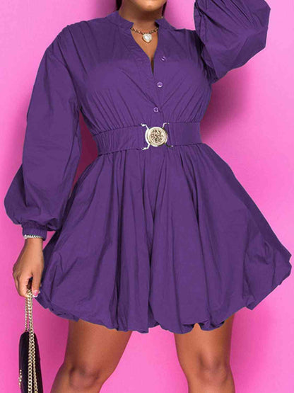 Notched Button Up Balloon Sleeve Dress