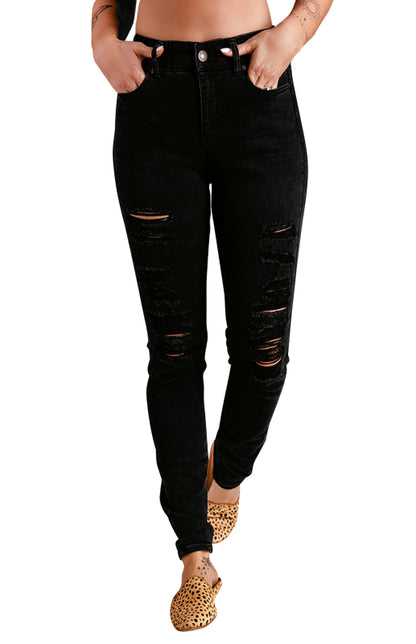 Black Distressed Ripped Slim High Waist Jeans kakaclo