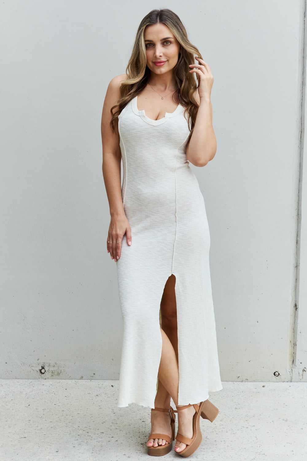 Culture Code Look At Me Notch Neck Maxi Dress with Slit in Ivory