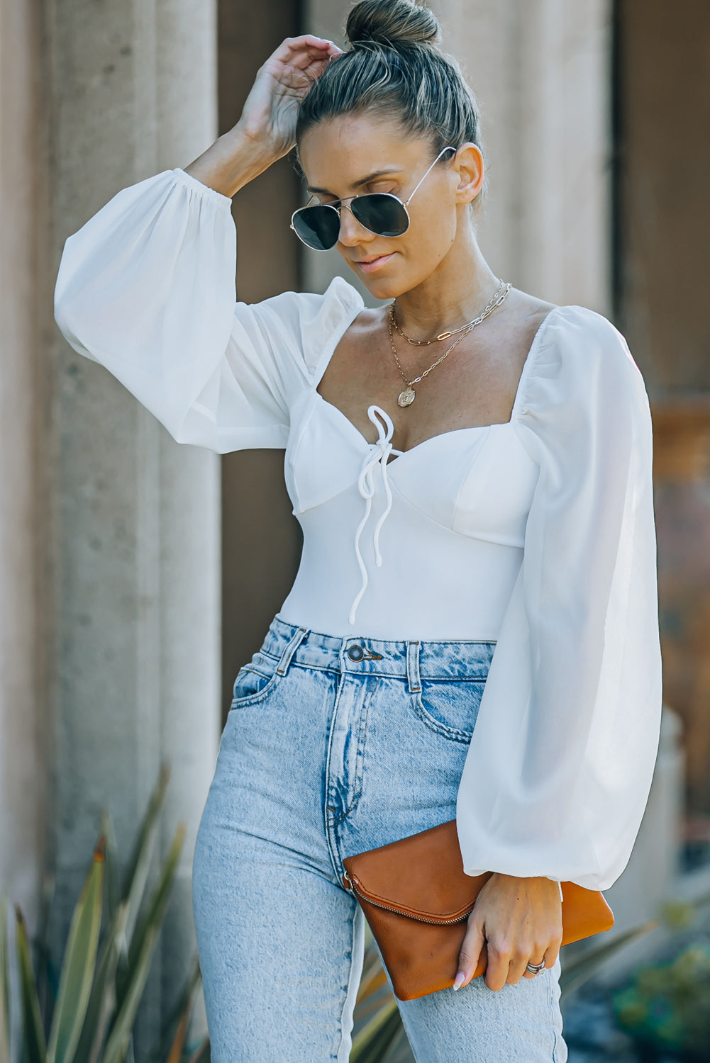 Tied Balloon Sleeve Bodysuit Trendsi