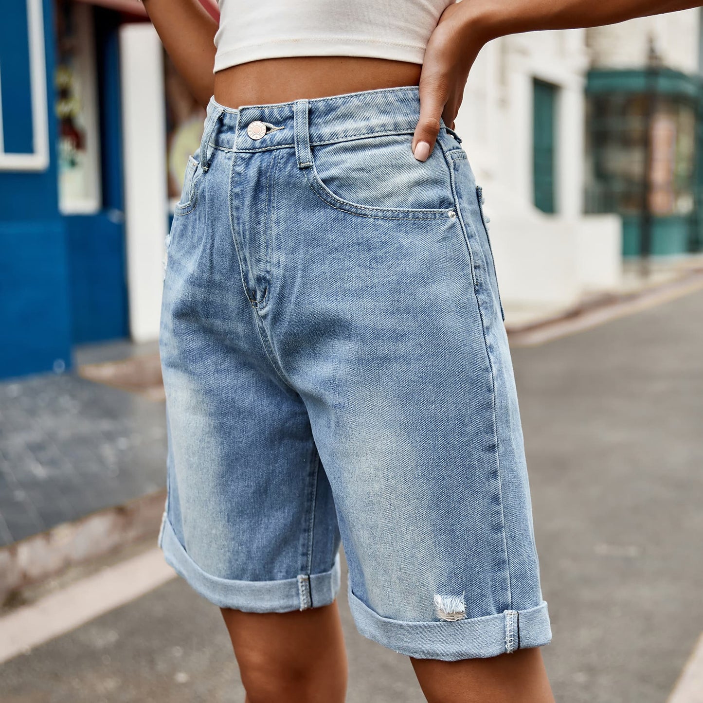 Distressed Buttoned Denim Shorts with Pockets Trendsi