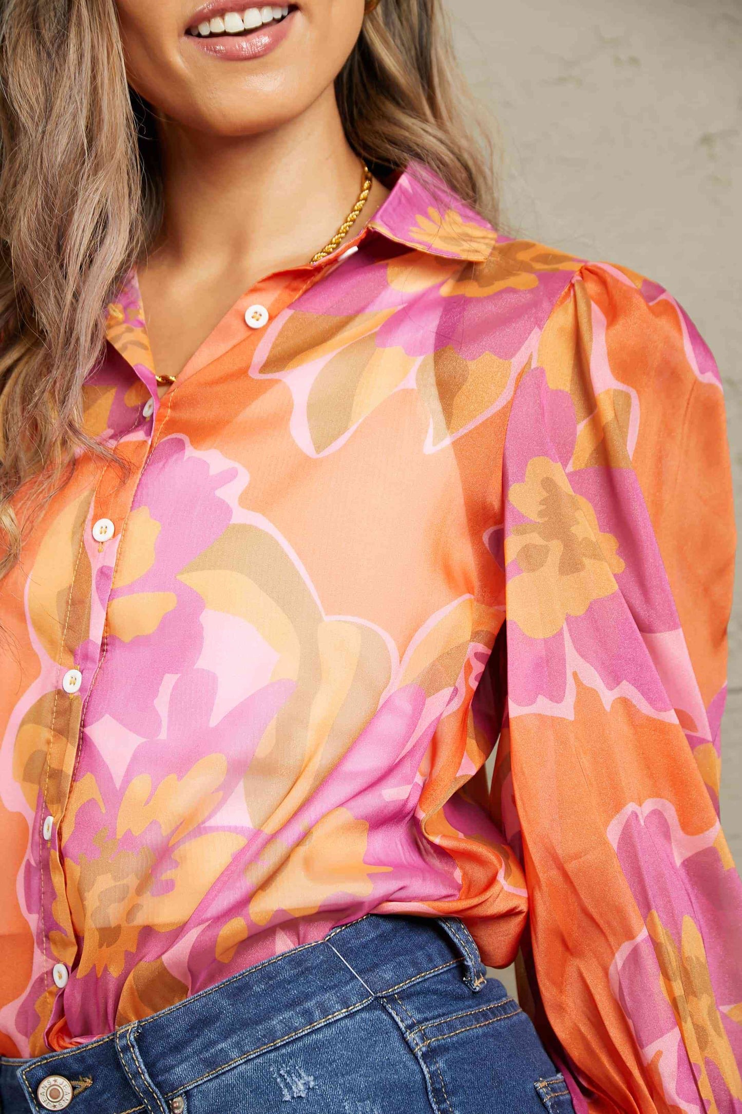 Double Take Flower Print Collared Neck Lantern Sleeve Shirt