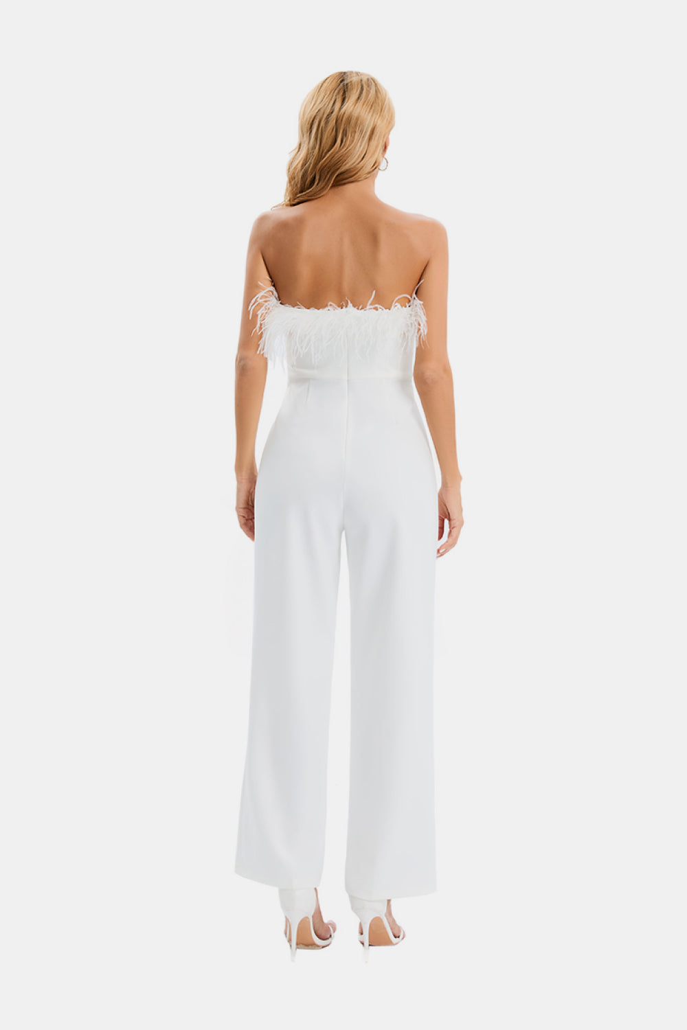 Feather Detail Strapless Jumpsuit Trendsi