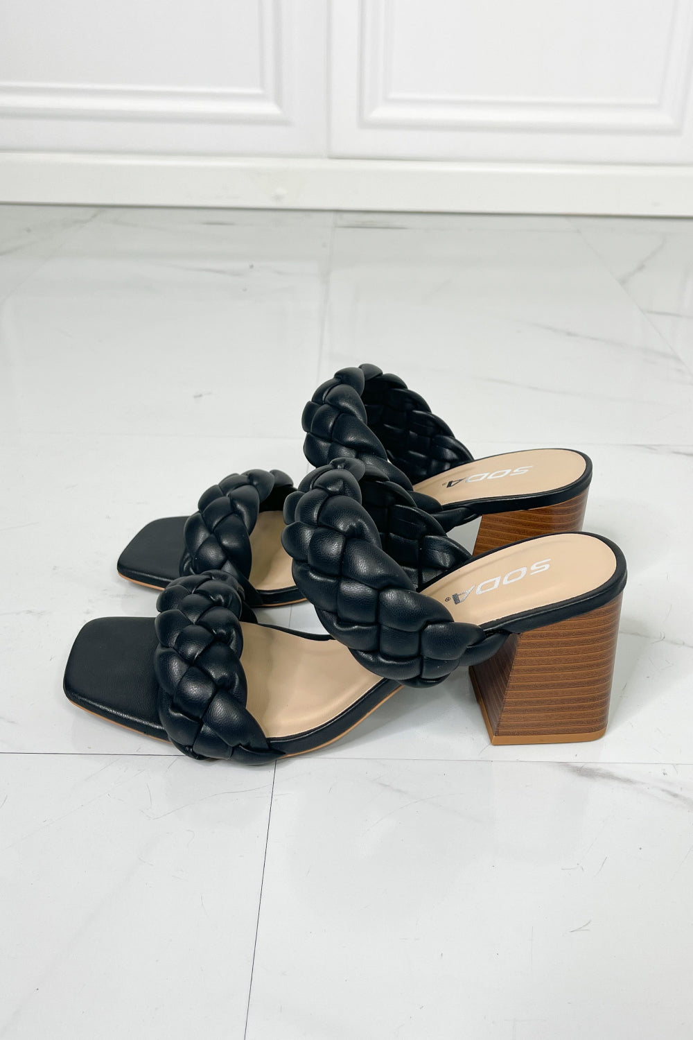 Interwoven Ideas Braided Strap Block Heel Slide Sandal in Black Trendsi