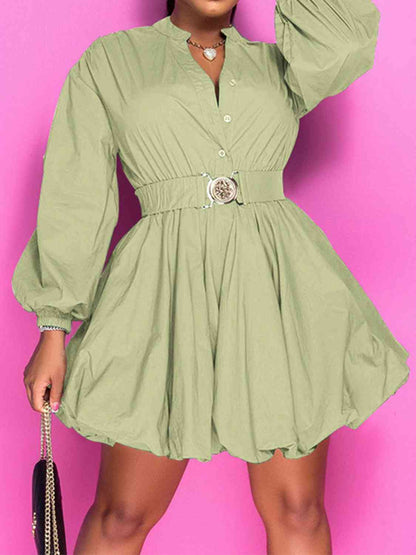 Notched Button Up Balloon Sleeve Dress