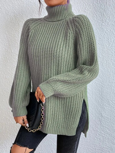 Turtleneck Rib-Knit Slit Sweater