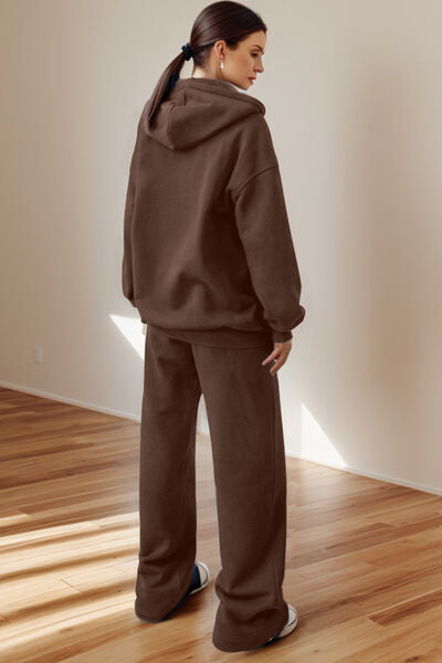 Zip Up Drawstring Hoodie and Pants Set