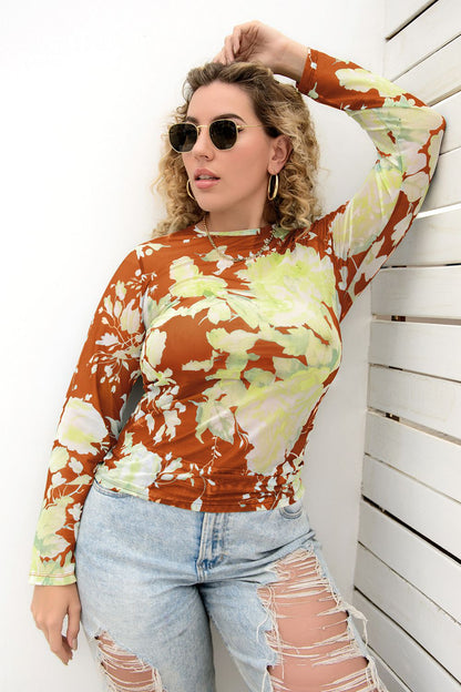 Gem Plus+ Printed Round Neck Long Sleeve Blouse