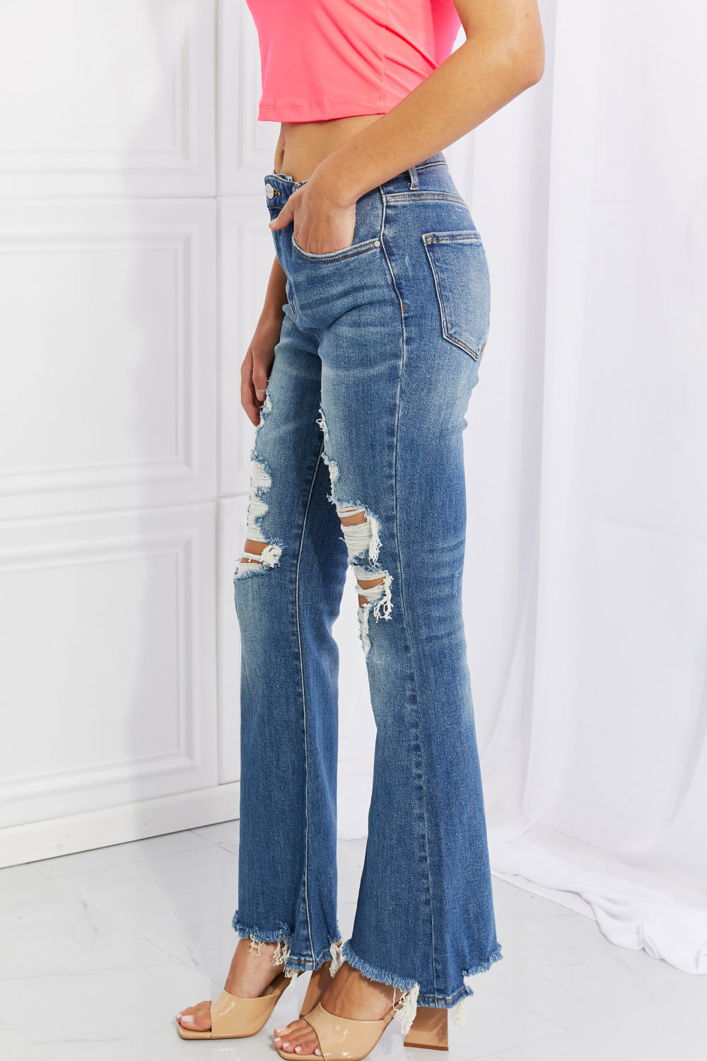 Hazel High Rise Distressed Flare Jeans Trendsi