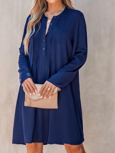 Plus+ Pleated Half Button Round Neck Dress