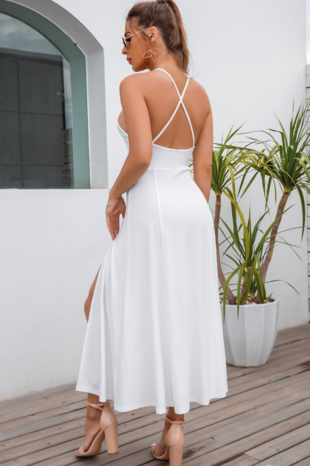 Crisscross Back Halter Neck Split Dress Trendsi