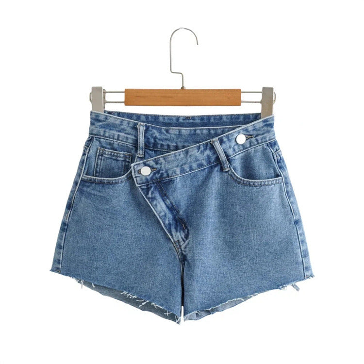 Asymmetrical Washed Raw Edge Denim Shorts kakaclo