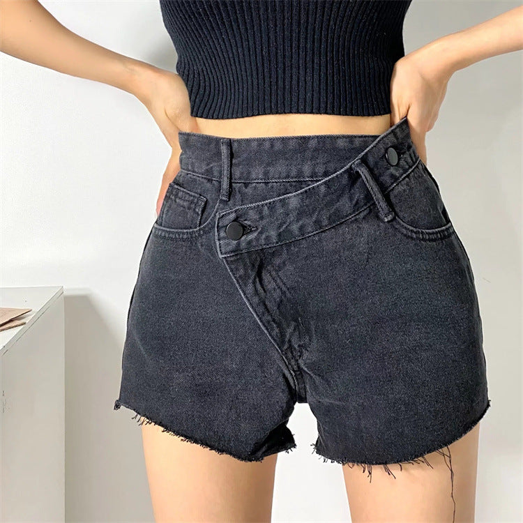 Asymmetrical Washed Raw Edge Denim Shorts kakaclo