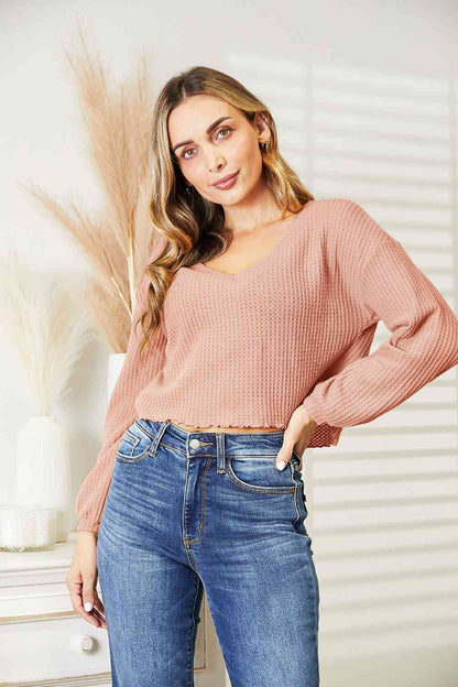 Waffle-Knit V-Neck Blouse