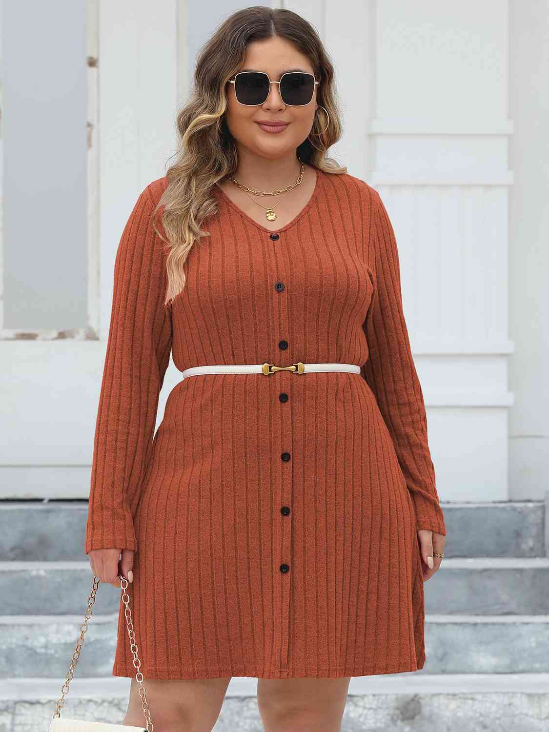 Plus+ Ribbed Buttoned V-Neck Long Sleeve Dress