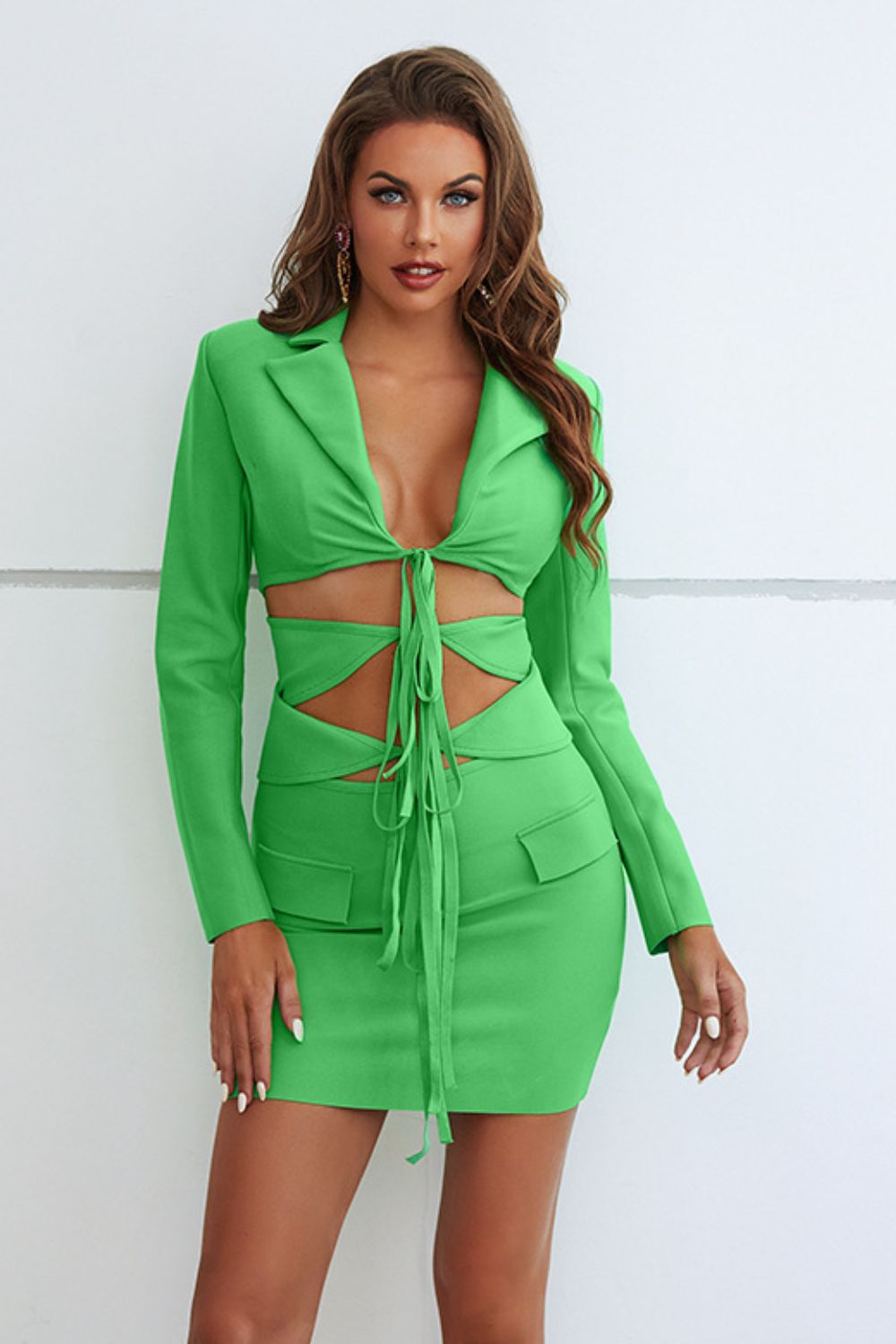 Cutout Tied Blazer and Skirt Set Trendsi