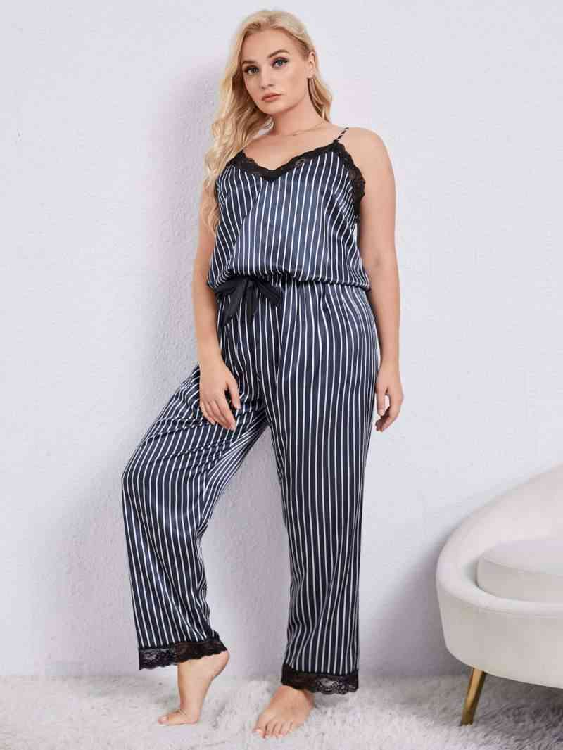 Plus+ Vertical Stripe Lace Trim Cami and Pants Pajama Set