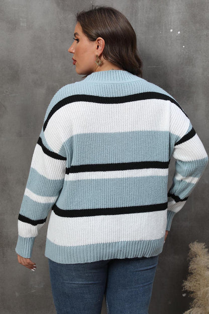 Plus+ Striped V-Neck Dropped Shoulder Sweater