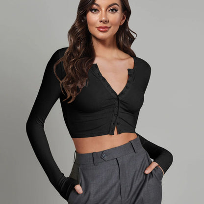 Button Down Long Sleeve Cropped Top Trendsi